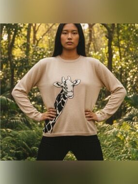 Talbots Giraffe Sweater Animal Print Beige Tan Novelty Women's Large Petite (LP)